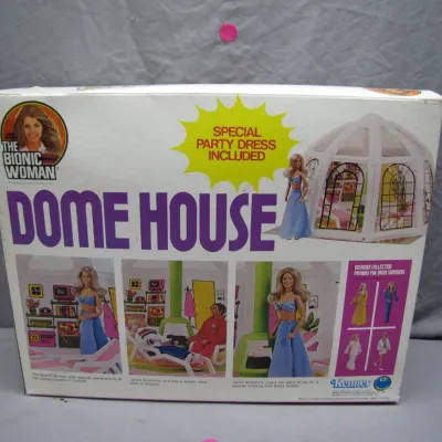 Sale Photo Thumbnail #203: Vintage 1970s Kenner The Bionic Woman Dome House playset in original box, featuring Jaime Sommers graphics and accessories.