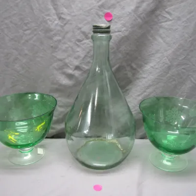 Sale Photo Thumbnail #67: Vintage green glass group including a teardrop bottle with a screw-top lid and two etched footed bowls.