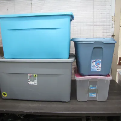 Sale Photo Thumbnail #55: Stack of assorted plastic storage bins, including large Sterilite and DuraBilt totes.