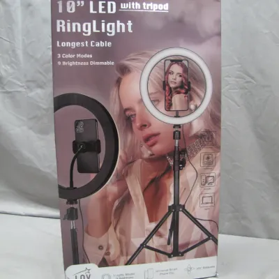 Sale Photo Thumbnail #220: LAX 10-inch LED ring light with tripod stand in original box, featuring multiple color modes and brightness settings.