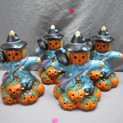 Sale Photo Thumbnail #71: Set of four ceramic Halloween scarecrow figurines featuring jack-o'-lantern heads, witch hats, black crows, and pumpkin bases.