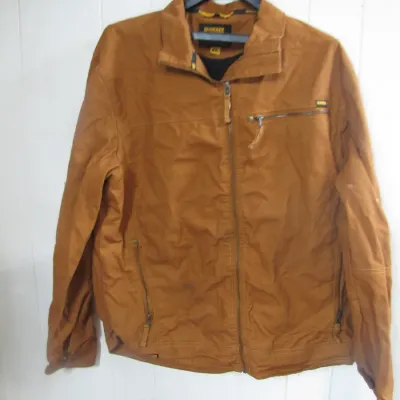 Sale Photo Thumbnail #235: Men's DeWalt tan heavy-duty canvas work jacket featuring a full front zip and multiple zippered pockets.