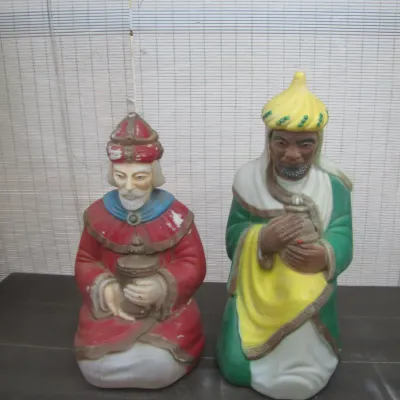 Sale Photo Thumbnail #243: Pair of vintage mid-century blow mold wise men nativity figures showing some paint wear.