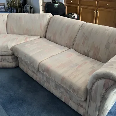 Sale Photo Thumbnail #44: Vintage 1980s-1990s two-piece curved sectional sofa with pastel flame-stitch style fabric upholstery.