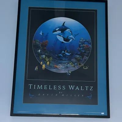 Sale Photo Thumbnail #39: Framed marine life art poster titled "Timeless Waltz" by David Miller, featuring orcas and tropical fish, double-matted in a black frame.