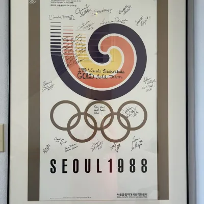 Sale Photo Thumbnail #40: Framed 1988 Seoul Olympics poster signed by members of the US Women's Basketball Gold Medal Team in a black frame.