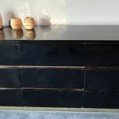 Sale Photo Thumbnail #34: Vintage 1980s black lacquer double dresser featuring nine drawers and a plinth base.