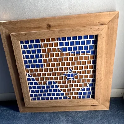 Sale Photo Thumbnail #30: Handcrafted mosaic tile wall art depicting the state of Texas set within a rustic wooden frame.