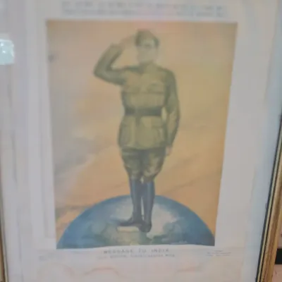 Sale Photo Thumbnail #44: Framed vintage print titled 'Message to India' depicting Subhas Chandra Bose in military uniform saluting atop a globe.