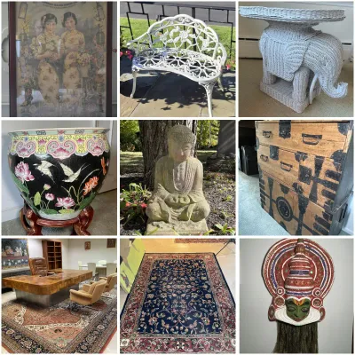Sale Photo Thumbnail #80: Photo grid showcasing various estate sale items including Asian artwork, outdoor cast aluminum furniture, a white wicker elephant table, Chinese porcelain fishbowl planter, stone Buddha garden statue, antique wooden tansu chest, mid-century office furnitu