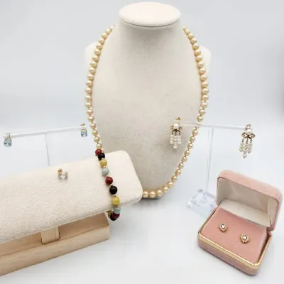 14K Gold Jewelry: Pearl Necklace, Gemstone Bracelet & Gold Stud Earrings