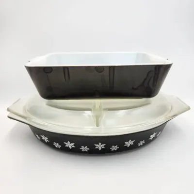 Pyrex Vintage Snowflake Lidded Dish And Black Casserole Dish