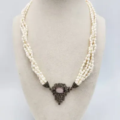 Freshwater Pearl Torsade Necklace Sterling Art Deco Pendant w/ Marcasite & Mother-of-Pearl (38.5g)