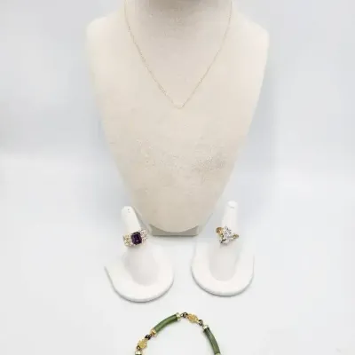 Gold Tone Jewelry: Sterling Rings (11.2g), GF Chain & Jade Bracelets