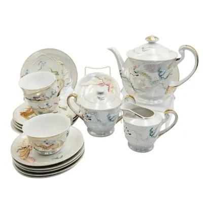 Japanese Lusterware Lucky China Vintage Tea Set W/ Raised Dragons (19 Pc)