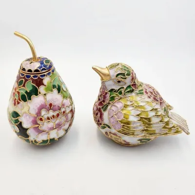 Cloisonne Vintage Decorative Bird And Pear Trinket Boxes