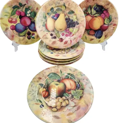1855 Godinger Limoges Fiorilli Hand-Decorated Mixed Fruit Porcelain Dessert Plates, Italy (8 Pc)
