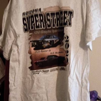 Arizona Super Street 2020 racing commemorative graphic t-shirt hanging on a plastic coat hanger.