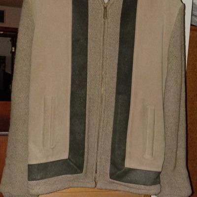 Vintage Mighty-Mac tan knit cardigan jacket featuring suede panel accents and a full zip front.