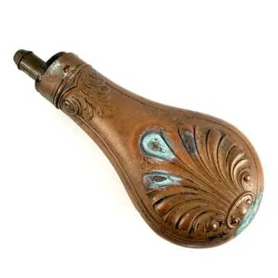 Lot 069   
Antique Embossed Copper Powder Flask