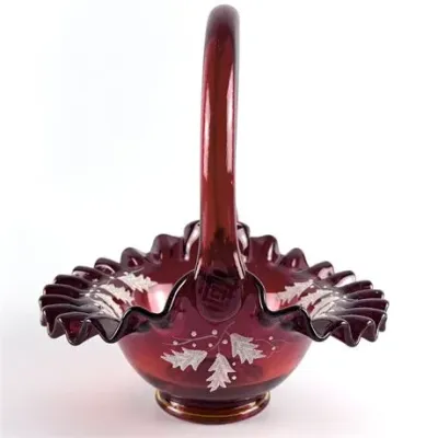 Lot 024  
Vintage Fenton Ruby Holly Hand Painted Basket