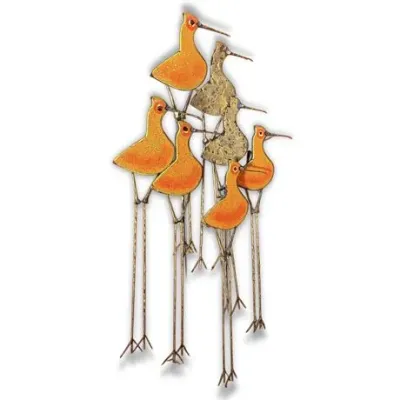 Mid-century modern metal wall sculpture featuring stylized long-legged shorebirds with orange enameled bodies and brass-toned wire details.