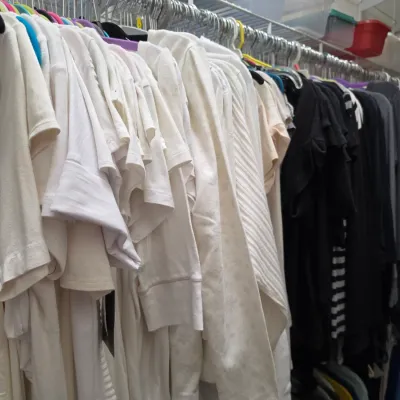 Sale Photo Thumbnail #160: Selection of women's tops and sweaters hanging on a closet rack, arranged by color.