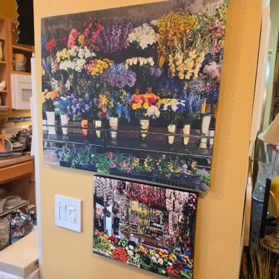 Sale Photo Thumbnail #55: Pair of contemporary unframed wall art prints on canvas depicting vibrant market stall scenes of flowers and produce.