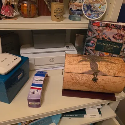 Sale Photo Thumbnail #229: Assorted home goods and electronics, including a Michelangelo art book, HP printer, decorative world map treasure chest box, and various knick-knacks.