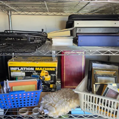 Sale Photo Thumbnail #308: Wire storage rack holding various household goods, including ring binders, a BonAire inflation machine in box, small picture frames, and plastic storage baskets.