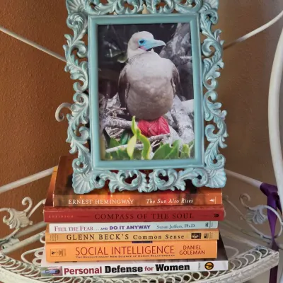 Sale Photo Thumbnail #143: Framed color photo of a red-footed booby sitting atop a stack of books, displayed on a vintage white wrought iron shelf.