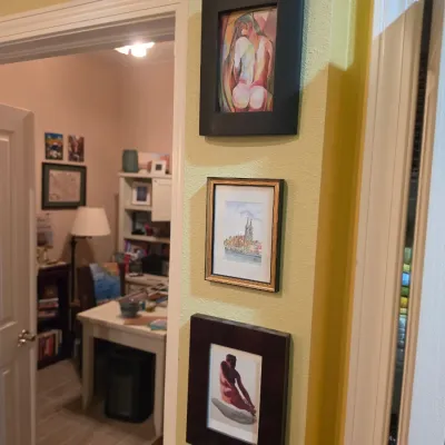 Sale Photo Thumbnail #70: Set of three framed small art prints, including two figurative nude studies and a architectural landscape watercolor.
