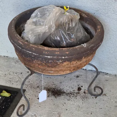 Sale Photo Thumbnail #347: Rustic weathered terracotta bowl planter on a scrollwork wrought iron metal stand, containing a bagged potting mixture.