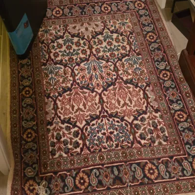 Sale Photo Thumbnail #222: Traditional Persian-style area rug featuring intricate floral and paisley patterns in shades of cream, red, blue, and navy.