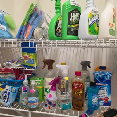 Sale Photo Thumbnail #263: Assorted household cleaning supplies, sponges, and spray bottles stored on wire closet shelving.