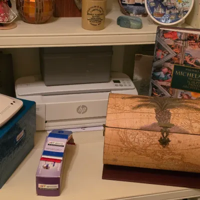 Sale Photo Thumbnail #231: Collection of home office items and decor including a modern HP printer, a decorative map-print trunk-style box, an art history book on Michelangelo, and various small knick-knacks.