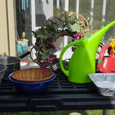 Sale Photo Thumbnail #330: Collection of outdoor and household items including green and red plastic watering cans, a grapevine wreath with artificial fruit, glassware, and cookware displayed on a black shelf.