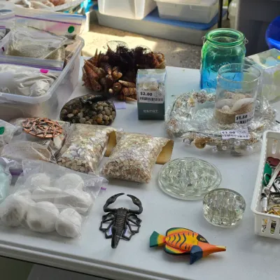 Sale Photo Thumbnail #326: Collection of crafting and home decor items, including seashells, decorative stones in plastic bags, glass flower frogs, and small trinkets arranged on a white folding table.