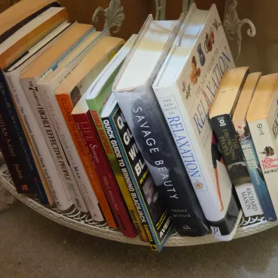 Sale Photo Thumbnail #145: Collection of assorted fiction and non-fiction hardcover and paperback books, arranged on a white wrought iron shelf.