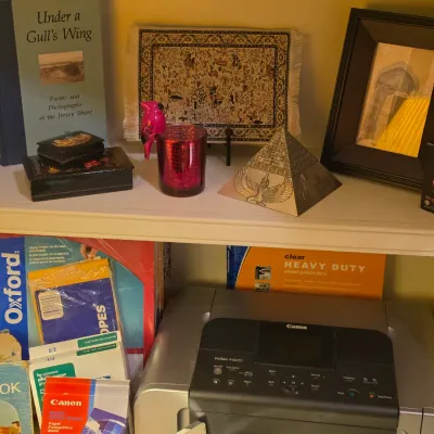 Sale Photo Thumbnail #236: Bookshelf display featuring decor items, decorative boxes, an Egyptian pyramid figurine, framed artwork, and office supplies alongside a silver Canon PIXMA printer.