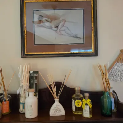 Sale Photo Thumbnail #135: Framed figure drawing artwork mounted on a wall above a wooden display shelf featuring various reed diffusers, fragrance bottles, and decorative items.
