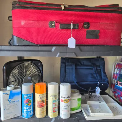 Sale Photo Thumbnail #273: Black plastic shelving unit holding a large red rolling suitcase, a blue duffel bag, a box fan, and various household chemicals and spray paints.