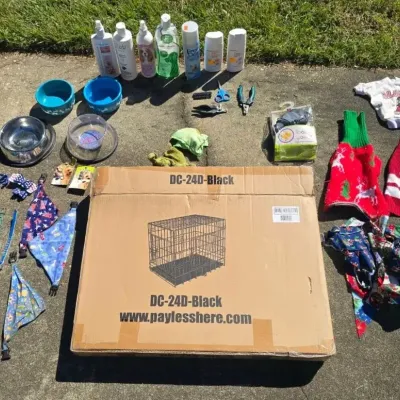 Dog Crate, Bowls, Harnesses, Clothing & Grooming Supplies