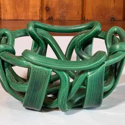 Abstract Green Ceramic Centerpiece Bowl In The Style Of Vallauris