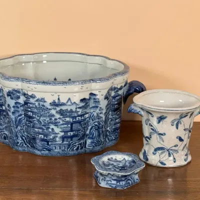 Very Large Vintage JUWC Chinese Porcelain Cache Pot, Smaller JUWC Crackle Glazed Cachepot, Candle Holder