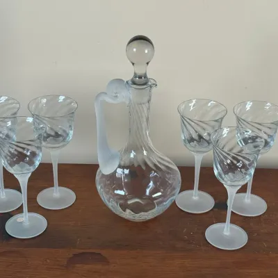 Set Of Six Valerie Frosted Optic Swirl Crystal Wine Glass With Matching Decanter - Made In Romania
