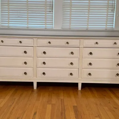 Large Painted Cream Wood 12-drawer Dresser With Brass Pulls
