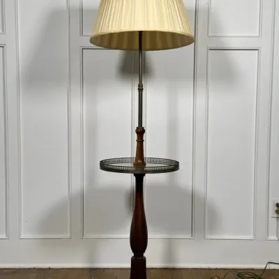 Vintage Vaughn Furniture Wood Tray Table Floor Lamp With Glass & Brass Detail And Fabric Shade