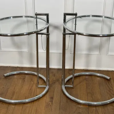 Pair Of Vintage Eileen Gray Mirrored Chrome Adjustable Side Tables With Glass Tops