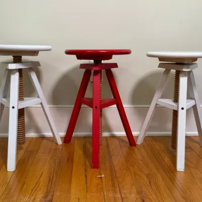 Trio Of Wood Height-Adjustable Drafting Style Stools - White & Red